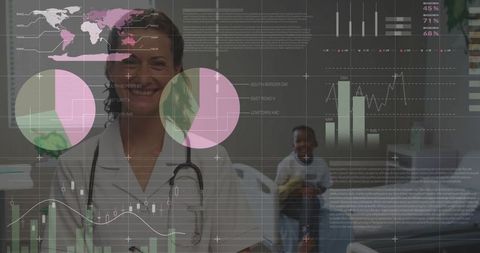 Smiling Doctor with Patient and Data Overlays in Exam Room