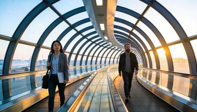 Sunlit airport tunnel walkway with businesswoman carrying laptop and opposite traveler