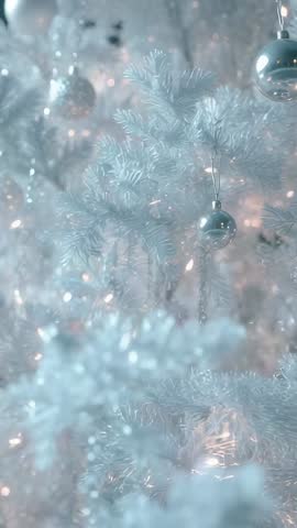 Vertical Panning of White Christmas Tree Highlighting Silver Ornaments and Warm Lights
