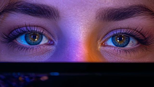 Neon-lit female eyes reflecting screen light, cinematic closeup with violet orange glow