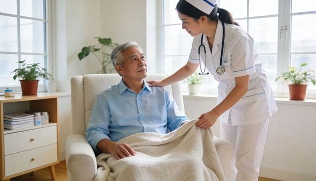 Nurse adjusting blanket for senior man in armchair home care comfort and support