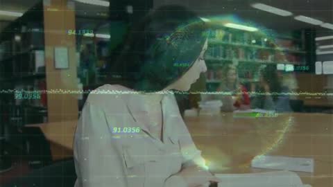 Female Student Engaged in Studies with Data Overlay Illustration