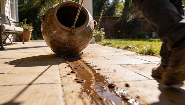 Tipping terracotta planter spilling mud and water across sunlit backyard patio
