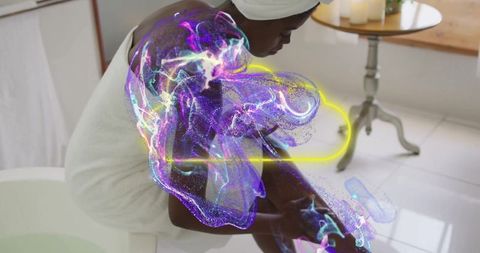 Woman in Towel Shaving Legs with Digital Data Visualization