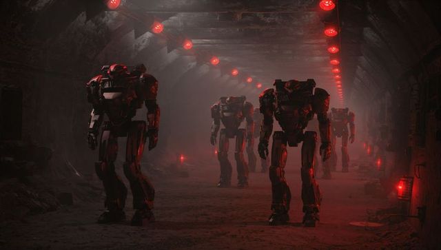Armored Humanoid Robots Marching in Tunnel with Red Lighting