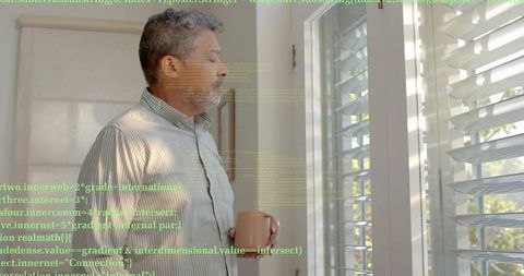 Senior man holding mug gazing through window blinds, contemplative morning light in home