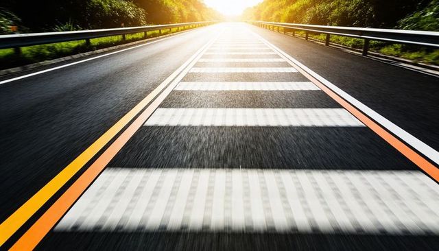 Sunlit highway stretching toward bright horizon with bold rumble strips and guardrails