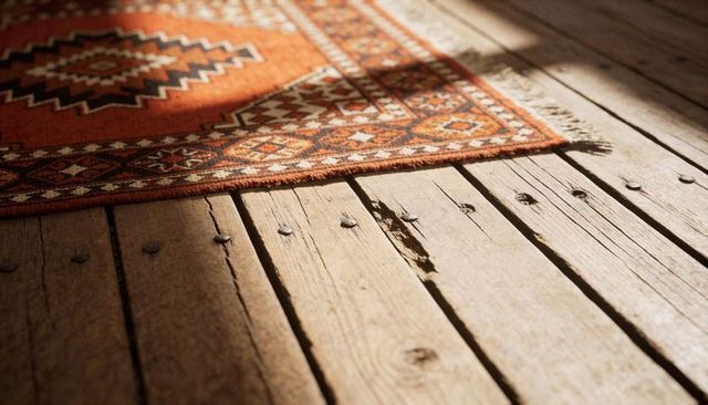 Sunlit Rustic Oak Planks with Woven Orange Rug Fringe and Weathered Nail Details