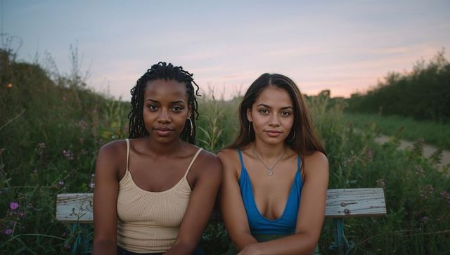 Two young women sitting on weathered bench in meadow at sunset relaxing dusk portrait