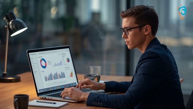 Focused Professional Analyzing Data Charts on Laptop in Modern Office