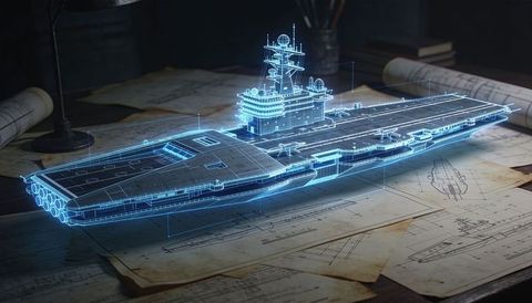 Projecting holographic aircraft carrier wireframe hovering over vintage naval blueprints
