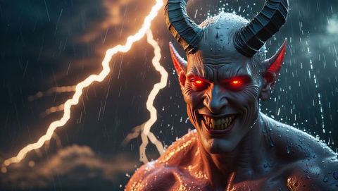 Intense snarling demon with glowing red eyes in stormy night scene