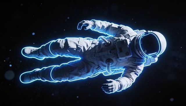 Floating astronaut glowing with neon rimlight, visor reflection and life-support