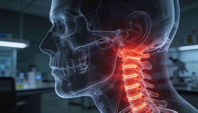 Translucent skull showing inflamed cervical spine highlighting neck pain, vertebrae injury
