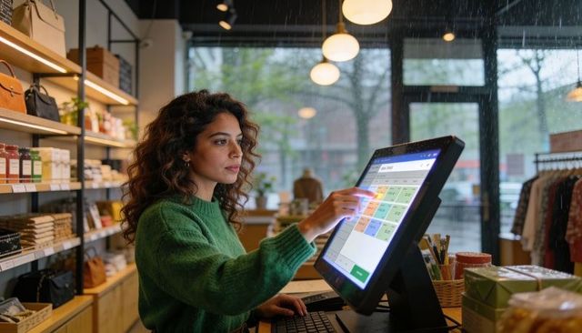 Woman operating touchscreen pos at boutique checkout counter with rainy window backdrop