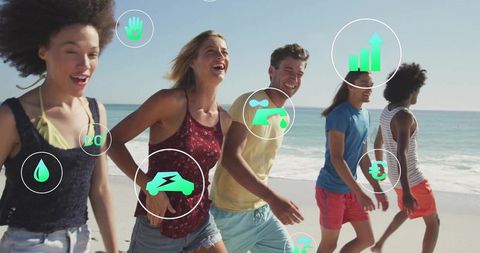 Friends Enjoying Beach with Eco-Friendly Digital Finance Icons