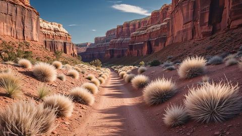 Scenic desert path with tumbleweed through sandstone canyon