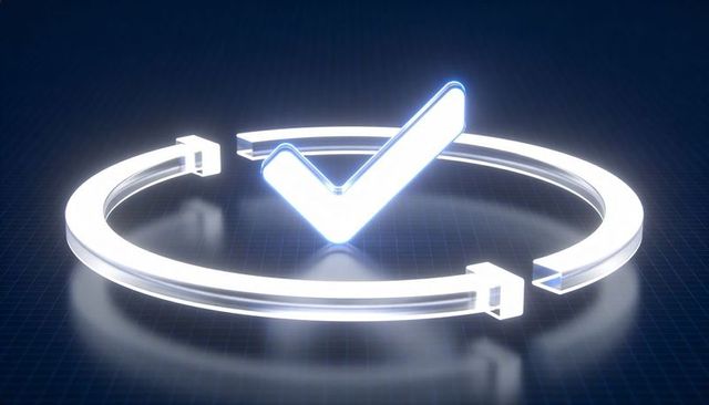 Floating glowing 3d checkmark with segmented circular ring on dark grid futuristic neon