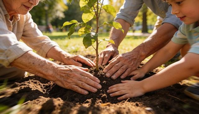 Intergenerational family planting young tree together in sunlit park for future growth