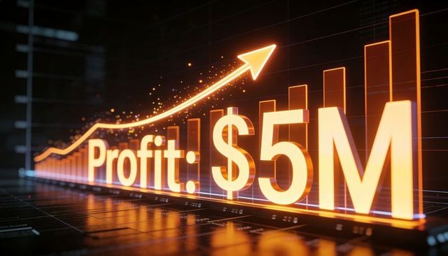Neon finance dashboard showing $5m profit with rising bar chart and upward arrow