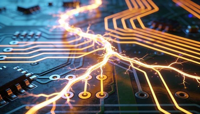 High-voltage arcing across pcb traces with glowing sparks and microchip circuit close-up