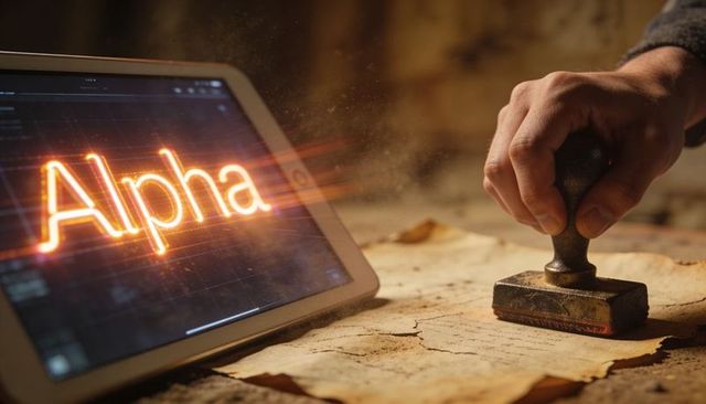 Hand stamping vintage seal on aged parchment with tablet displaying alpha neon logo