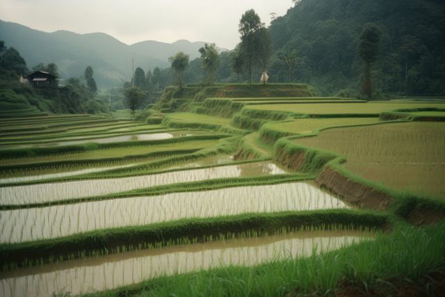 General view of rice field with farmhouse, created using generative ai technology. Rice field, farming and landscape concept digitally generated image.