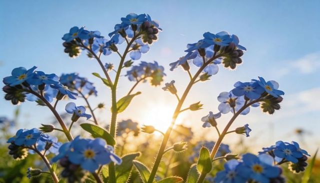 Backlit blue forget-me-not blossoms glowing at golden hour with warm lens flare and meadow bokeh