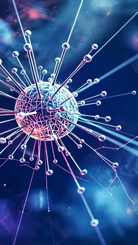 Vertical Neon Wireframe Orb Rotating with Spiky Beads and Glowing Rods in Cosmic Space