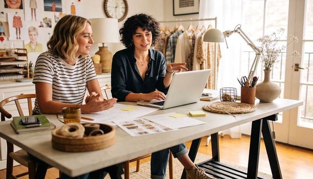 Two designers collaborating over laptop and sketches in sunny home fashion studio planning
