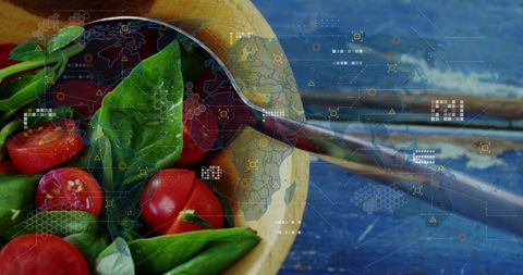 Cherry tomatoes and basil with digital overlay mapping food supply chain traceability