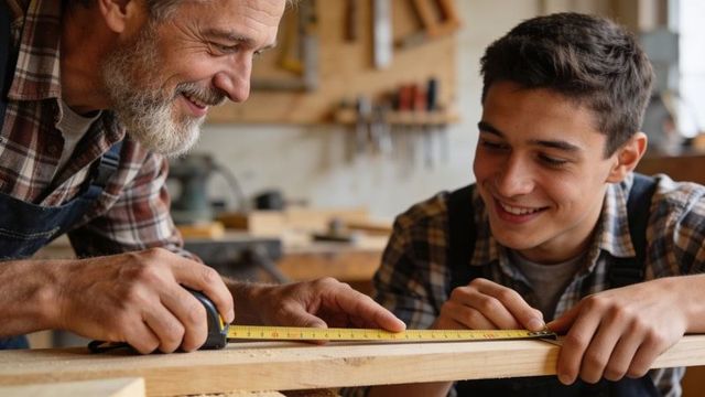 Mentor guiding teenage apprentice measuring lumber on workbench in carpentry workshop