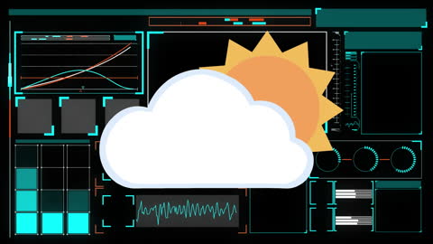 Sun and Cloud Over Tech Interface Displaying Data Analysis