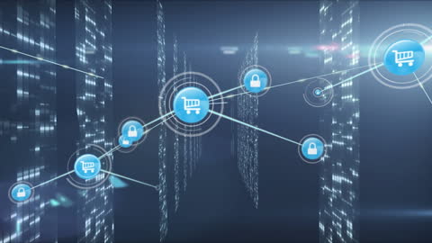 Digital Connections in Futuristic Server Room with Shopping Icons