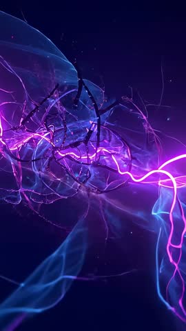 Vertical neon ribbon unfurling with braided dark cables through cosmic void futuristic motion