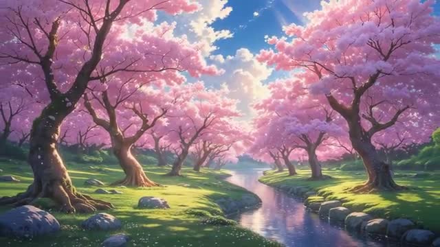 Sunlit Cherry Blossom Grove with Gentle Stream in Spring