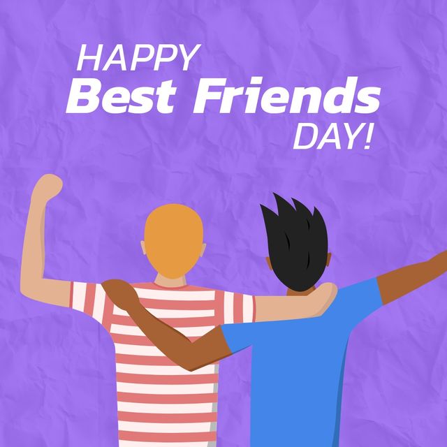 Vector illustration depicting two male friends of different ethnic backgrounds with arms around each other on purple background. Useful for greeting cards, friendship day promotions, social media posts, and educational materials emphasizing diversity and friendship.