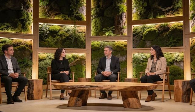 Panelists discussing corporate topics in biophilic studio with moss wall and timber table