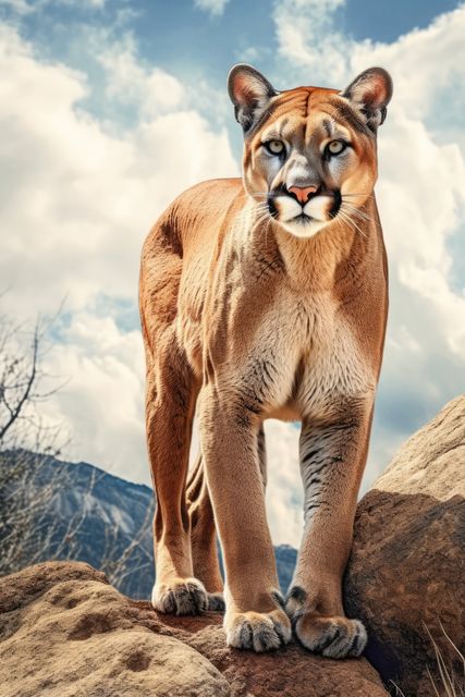 Mountain lion standing on rocky outcrop with cloudy sky in background. Ideal for wildlife documentaries, nature reserves, predator features, and animal photography.