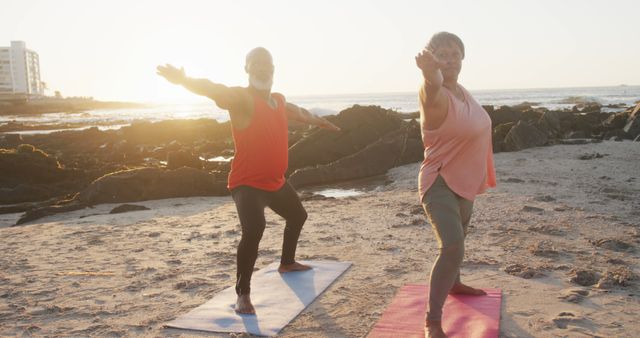 Senior Couple Practicing Yoga Together on Beach at Sunrise - Download Free Stock Images Pikwizard.com