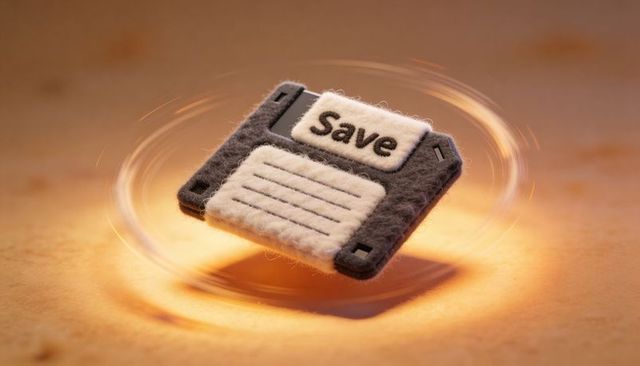 Spinning felt floppy disk with stitched save label hovering over warm surface