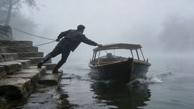 Man pulling rope to moor rustic wooden boat at foggy lakeside stone steps dawn mist