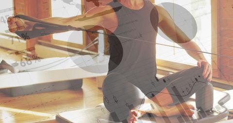 Woman Practicing yoga with sunlit charts; Analysis Integration Concept