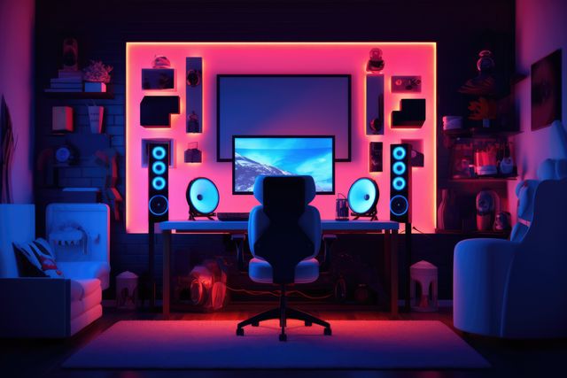 Illustrates a sleek and modern gaming station featuring a large monitor, dual speakers, and ergonomic chair. Blue and pink neon lighting enhances the ambiance, reflecting a contemporary and high-tech environment. Suitable for articles or content on home office setups, gaming trends, or technology advancements. Ideal for advertisement banners, blogs, and social media posts about modern gaming or workspace arrangements.