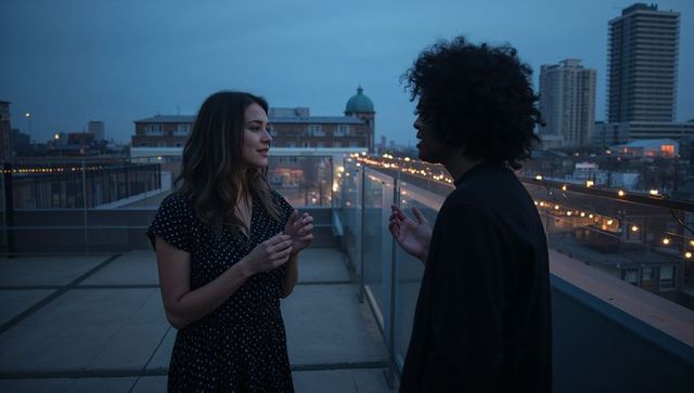 Talking couple standing on rooftop terrace at dusk with string lights and city skyline