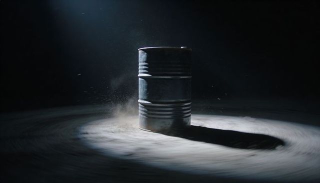 Rusty Steel Barrel Spotlighted on Dusty Concrete Floor with Swirling Dust and Dramatic Shadow