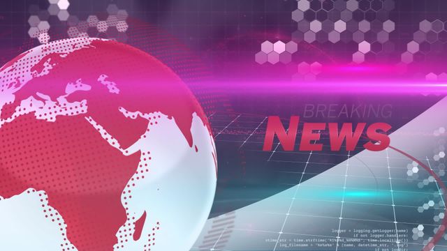 Breaking news scene featuring a globe with data processing graphics. Useful for news reports, financial updates, technology showcases, or global business presentations. Eye-catching design elements for video production, websites, and multimedia projects.