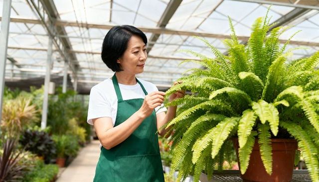 Asian woman gardener inspecting lush fern in greenhouse nursery, tending potted plants