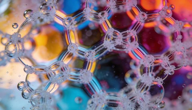Iridescent soap bubble honeycomb macro — colorful hexagon network and prismatic droplets