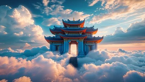 Majestic pagoda temple above ethereal golden clouds